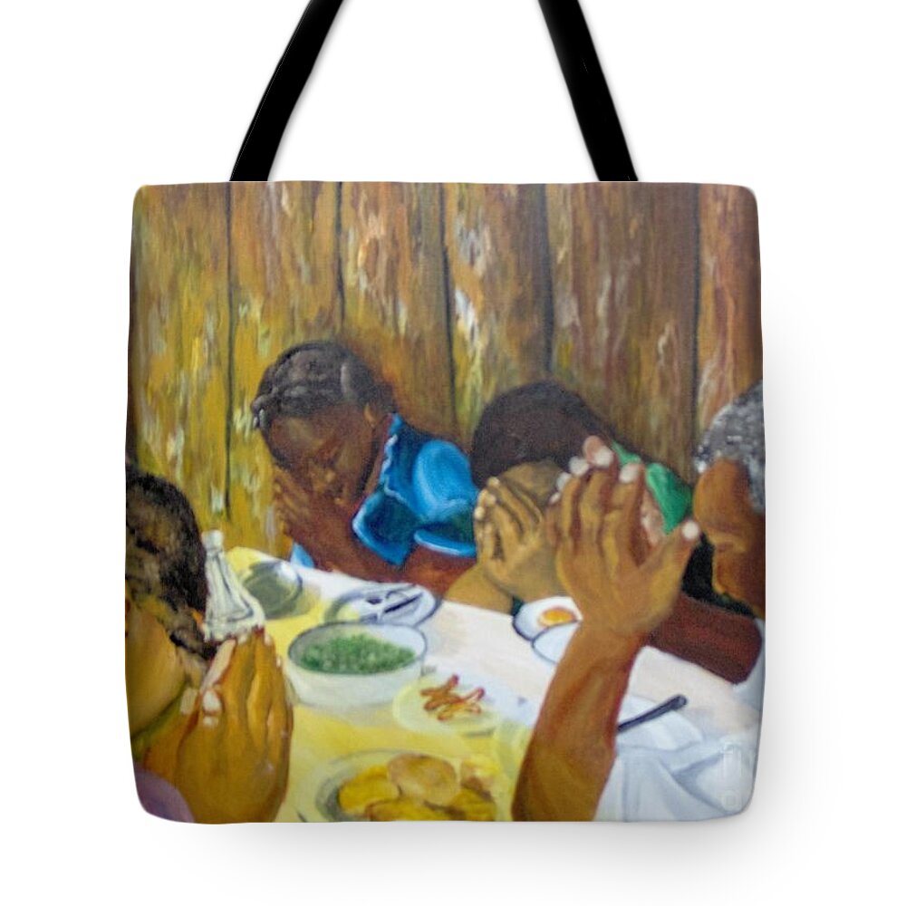 Prayer Tote Bag featuring the painting Humble Gratitude by Saundra Johnson