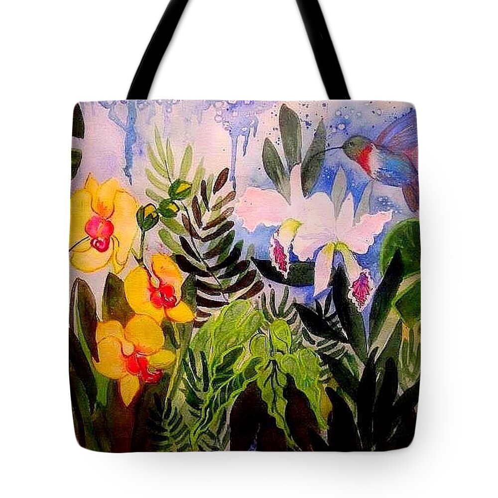 Birds And Flowers Tote Bag featuring the painting Hummers and Orchids by Esther Woods