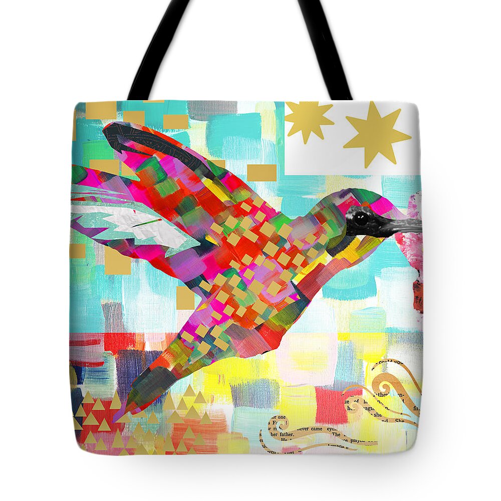 Humming Bird Collage Tote Bag featuring the mixed media Humming Bird by Claudia Schoen