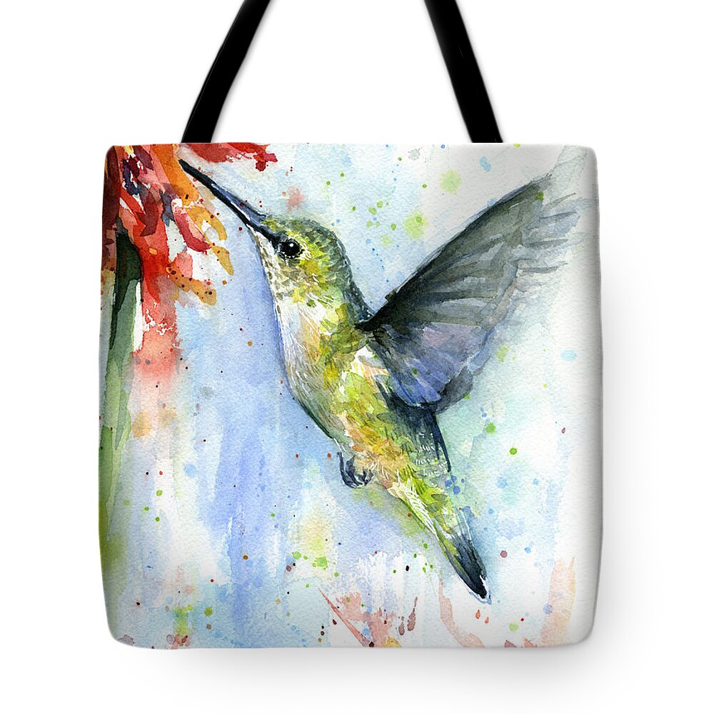 Watercolor Tote Bag featuring the painting Hummingbird and Red Flower Watercolor by Olga Shvartsur