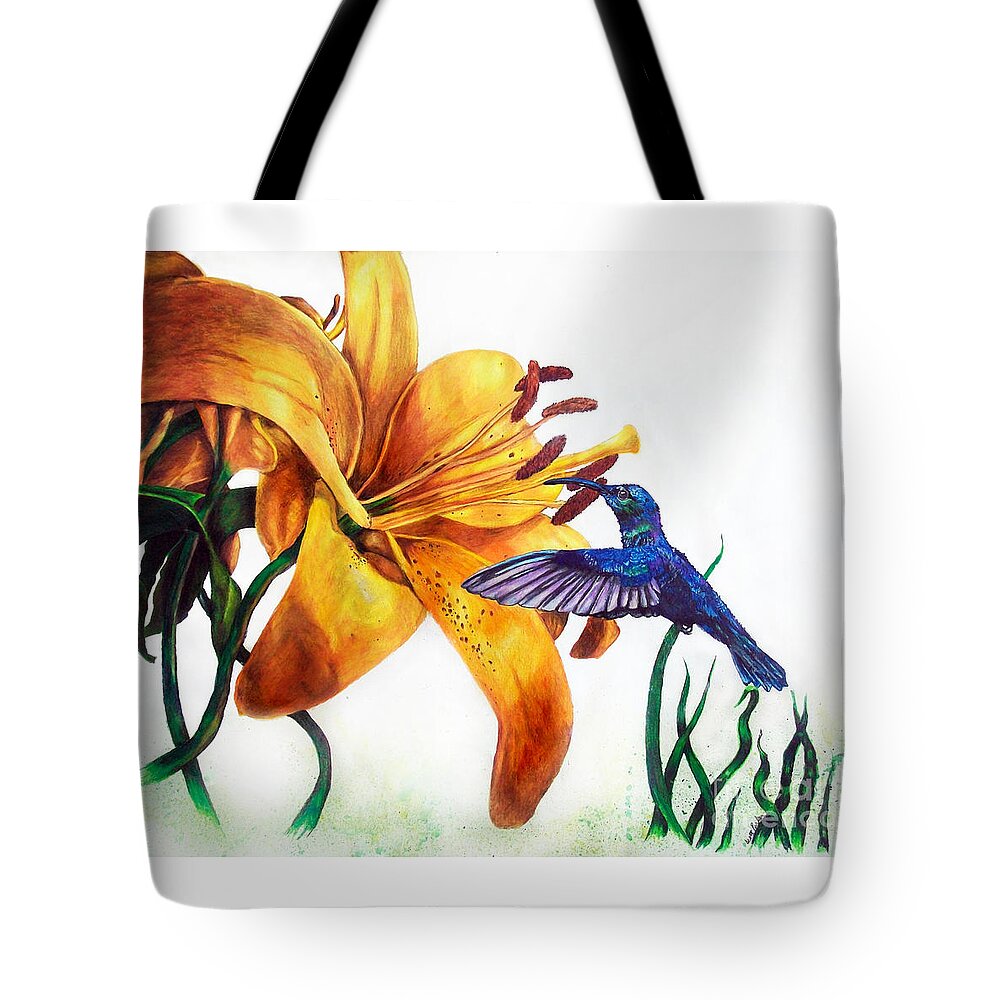 Hummingbird Tote Bag featuring the drawing Hummingbird and Yellow Flower by Scott Parker