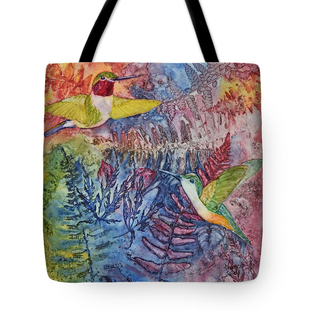 Hummingbird Tote Bag featuring the painting Hummingbird Duo by Nancy Jolley
