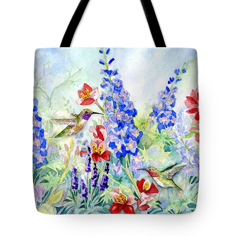 Watercolor Tote Bag featuring the painting Hummingbird Garden in Spring by Audrey Jeanne Roberts