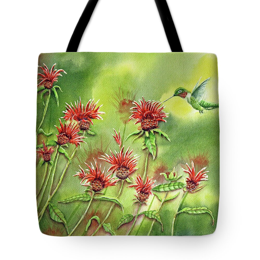 Hummingbird Tote Bag featuring the painting Hummingbird In Beebalm by Kathryn Duncan