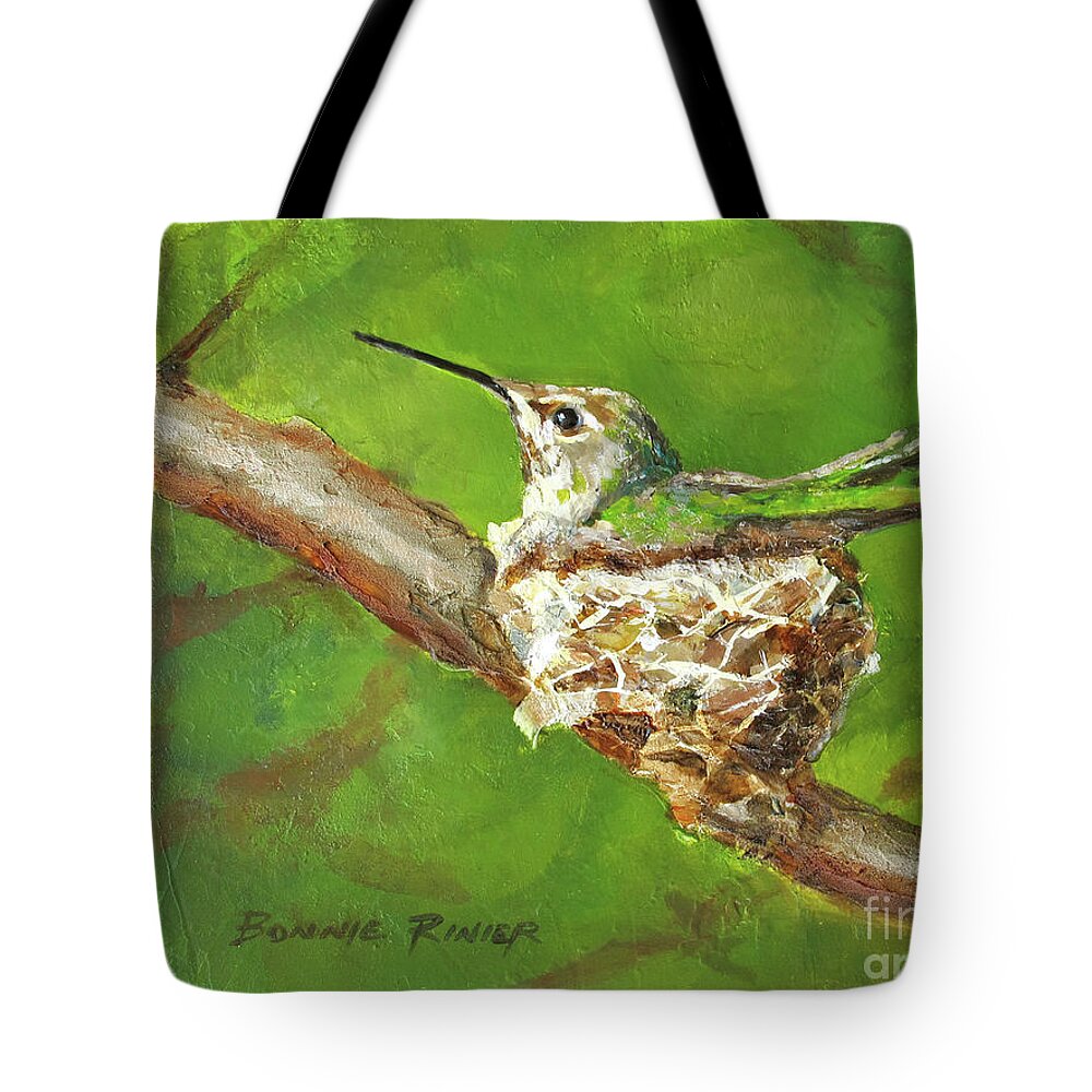 Bird Tote Bag featuring the mixed media Hummingbird on Nest by Bonnie Rinier