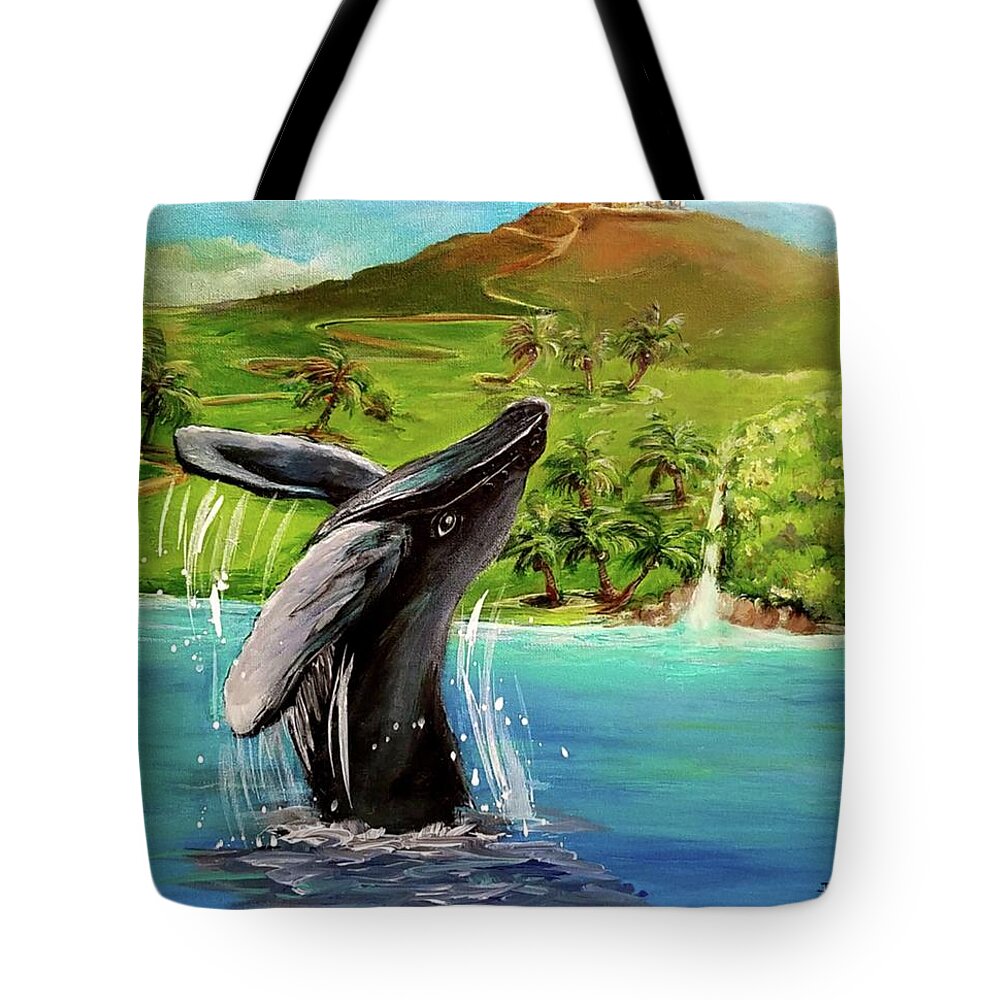 Humpback Whale Tote Bag featuring the painting Humpback Whale Breaching at Haleakala Hawaii by Bernadette Krupa