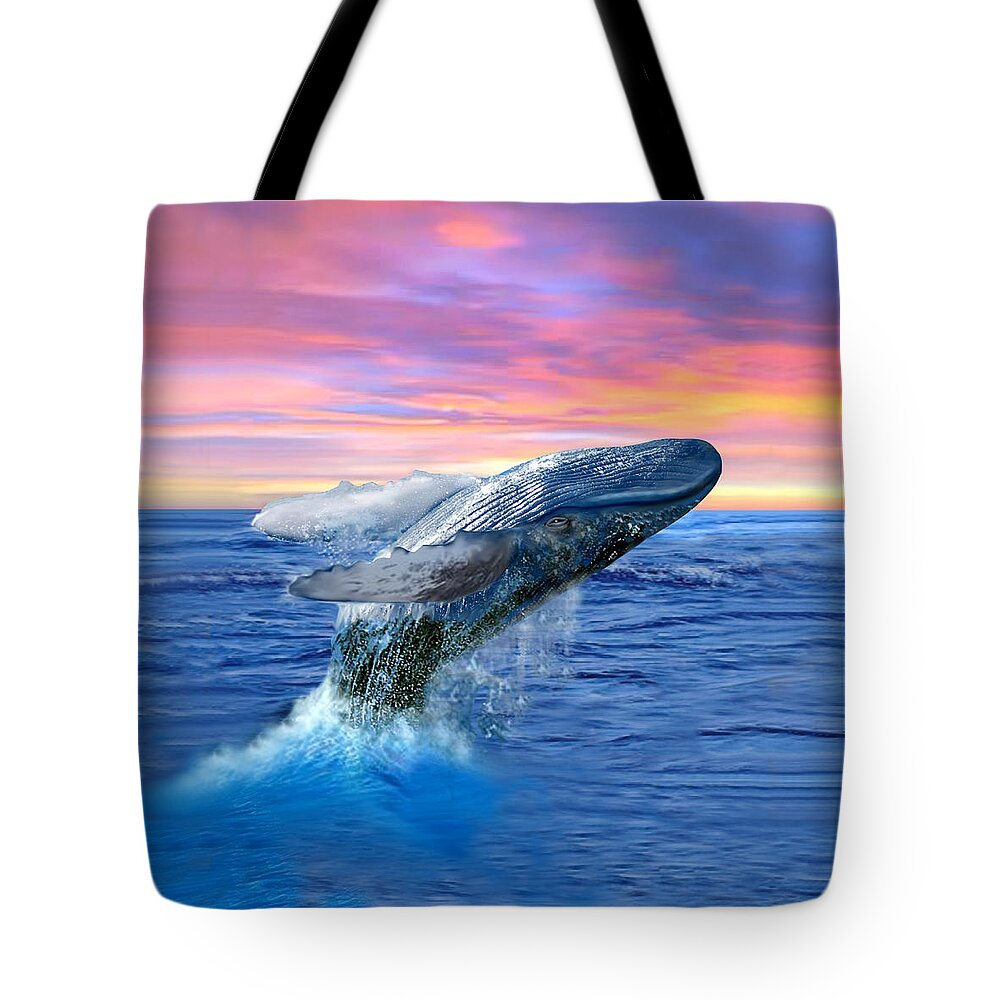 Humpback Whale Tote Bag featuring the digital art Humpback Whale Breaching at Sunset by Glenn Holbrook