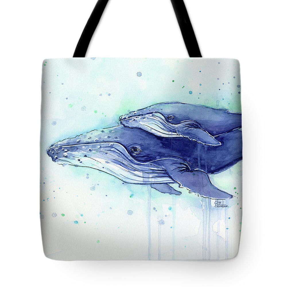 Whale Tote Bag featuring the painting Humpback Whale Mom and Baby Watercolor by Olga Shvartsur