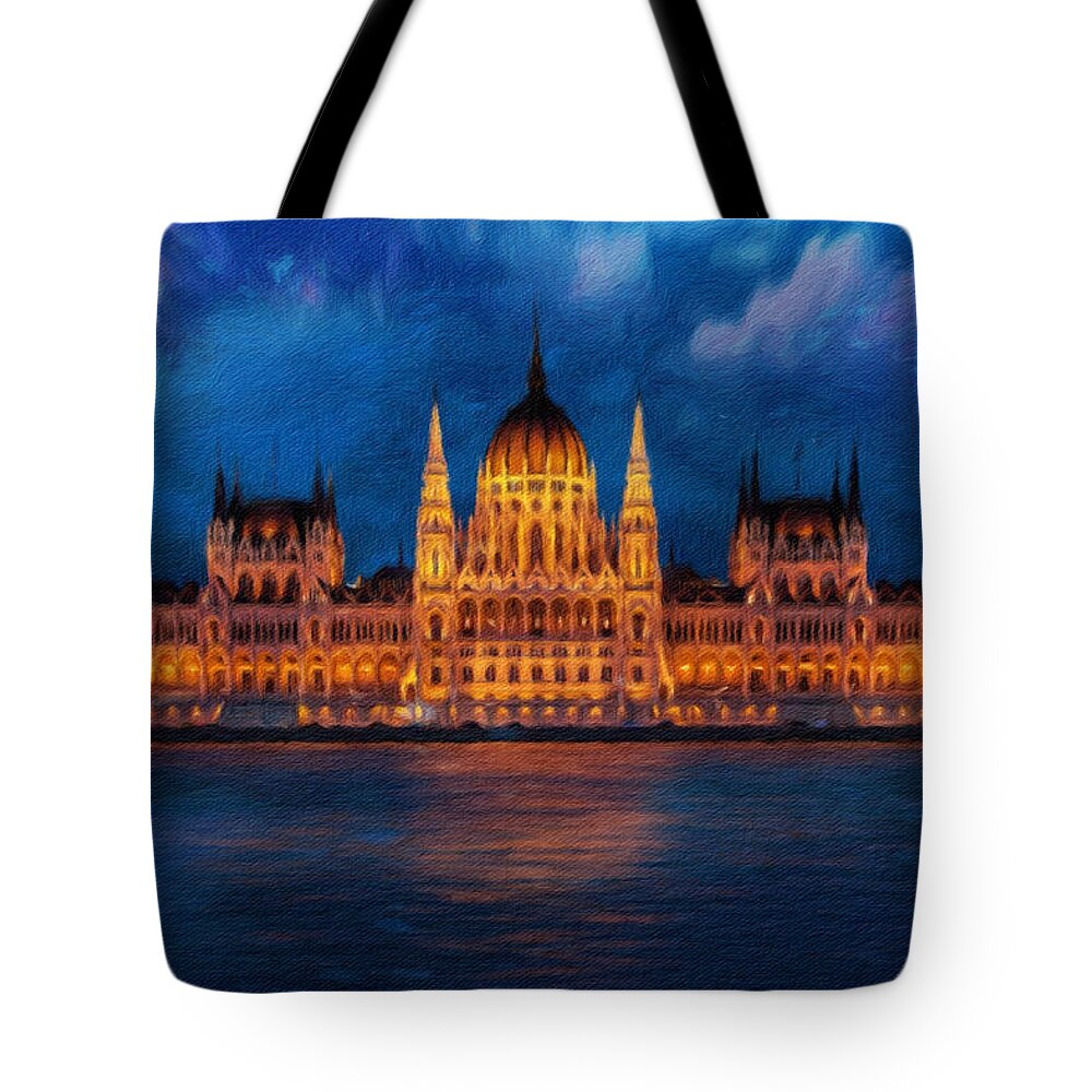 Architecture Tote Bag featuring the painting Hungarian Parliament at night by Vincent Monozlay