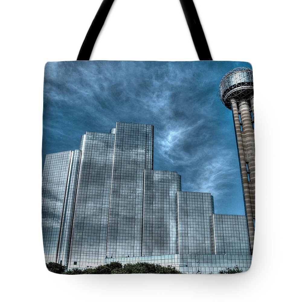 Dallas Tote Bag featuring the photograph Hyatt Regency Dallas and Reunion Tower by Dyle  Warren