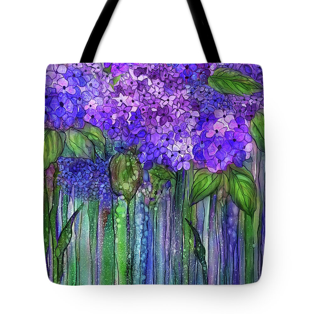 Carol Cavalaris Tote Bag featuring the mixed media Hydrangea Bloomies 1 - Purple by Carol Cavalaris