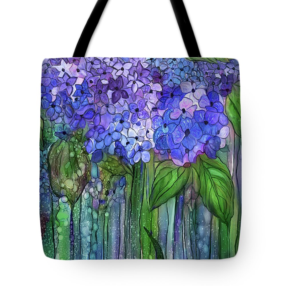 Carol Cavalaris Tote Bag featuring the mixed media Hydrangea Bloomies 2 - Blue by Carol Cavalaris