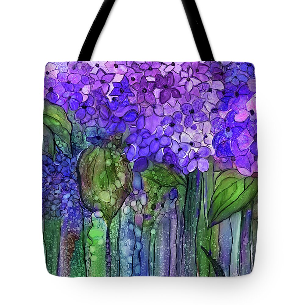 Carol Cavalaris Tote Bag featuring the mixed media Hydrangea Bloomies 3 - Purple by Carol Cavalaris
