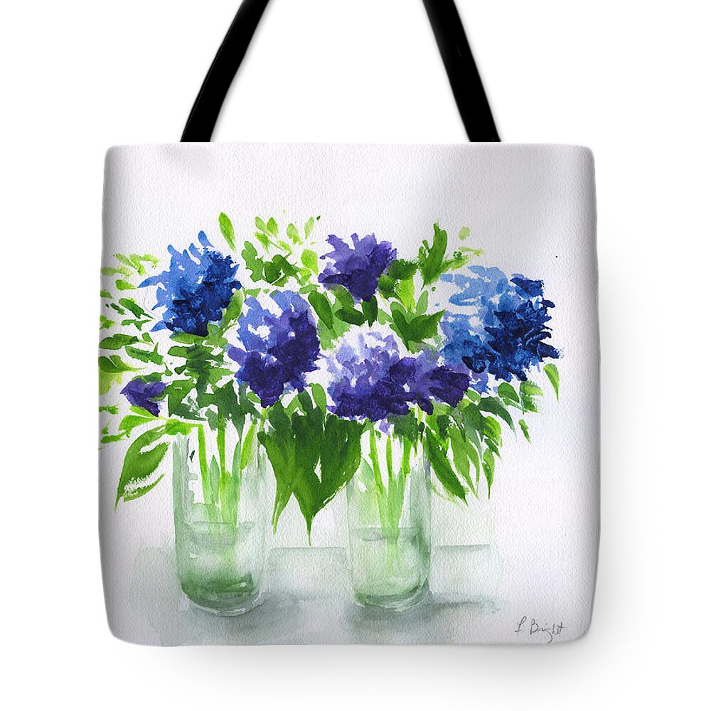 Hydrangeas At Vics Tote Bag featuring the painting Hydrangeas at Vics by Frank Bright