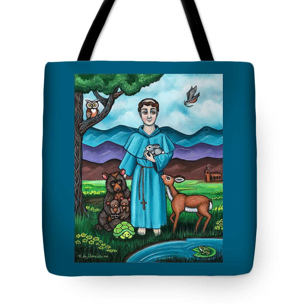 St. Francis Tote Bag featuring the painting I am Francis by Victoria De Almeida