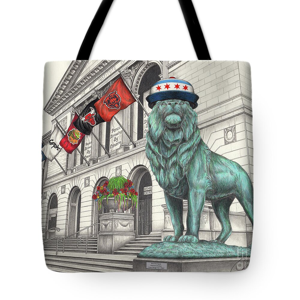 Lion Tote Bag featuring the drawing I Love Chicago Vol. 3 by Omoro Rahim