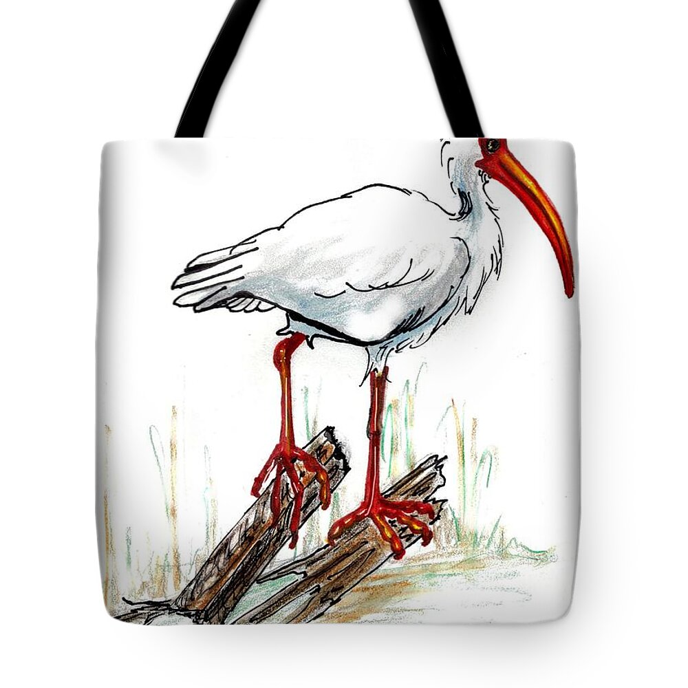 Ibis Tote Bag featuring the drawing Ibis on a perch by Carol Allen Anfinsen