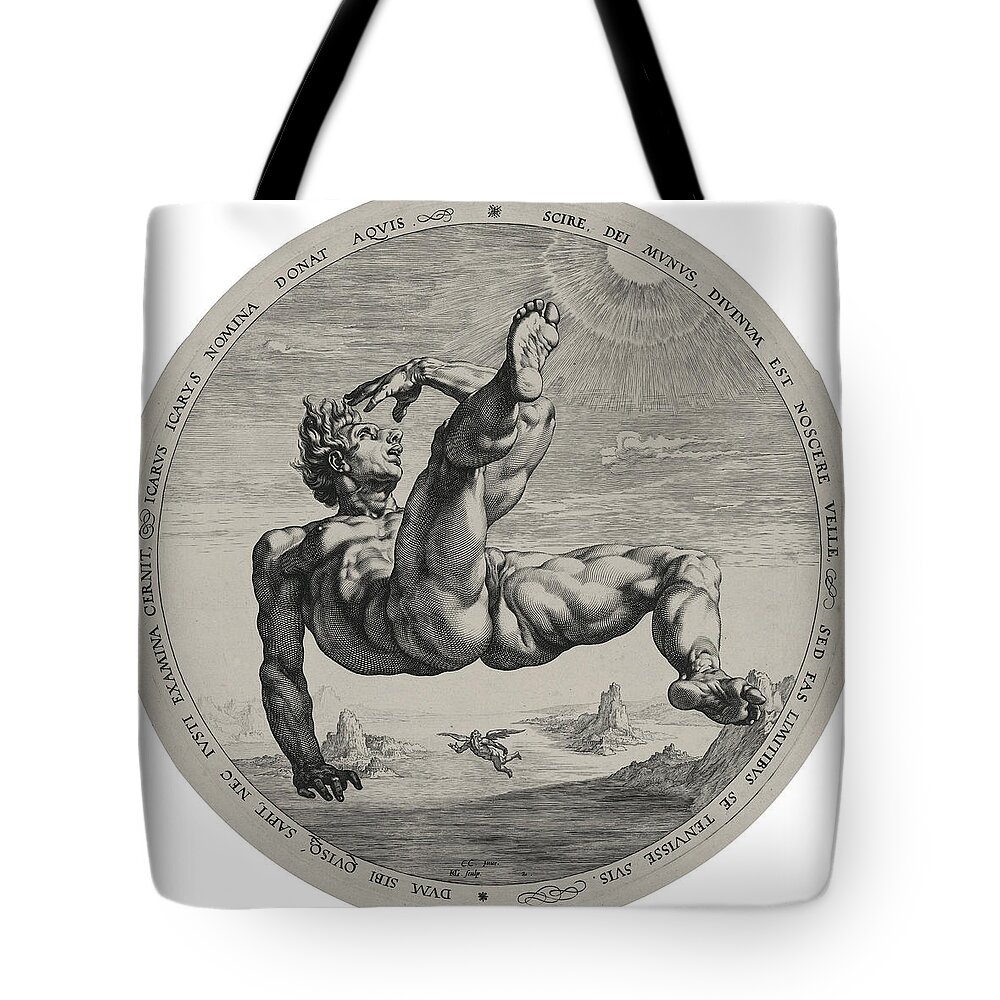 Hendrik Goltzius Tote Bag featuring the drawing Icarus From The Four Disgracers Series by Hendrik Goltzius