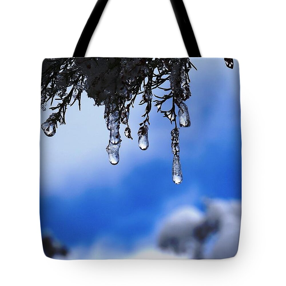 Ice Tote Bag featuring the photograph Ice Drops by Julia Ivanovna Willhite