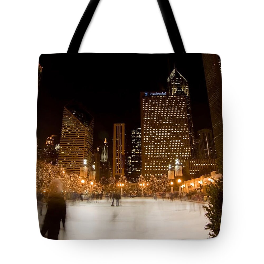 Ice Rink Tote Bag featuring the photograph Ice Skaters and Chicago Skyline by Sven Brogren