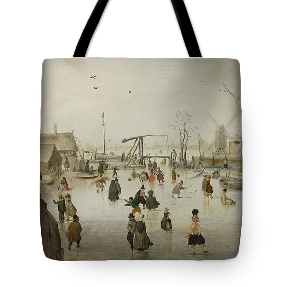 Hendrick Avercamp Tote Bag featuring the painting Ice-skating in a Village, 1610 by Vincent Monozlay