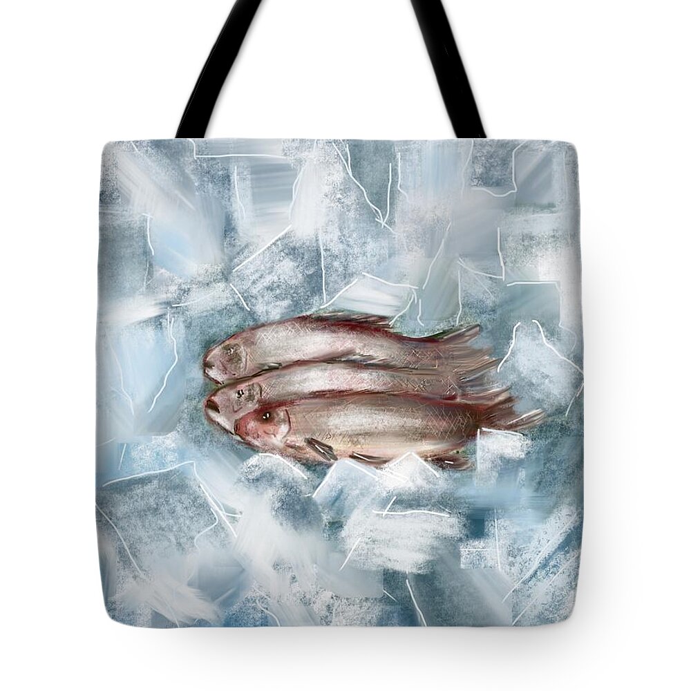 Seascape Iced Fish Ice Acrylic On Canvas Painting Ocean Water Cold Print Wave Sea Three Blue Color Tote Bag featuring the painting Iced fish by Miroslaw Chelchowski