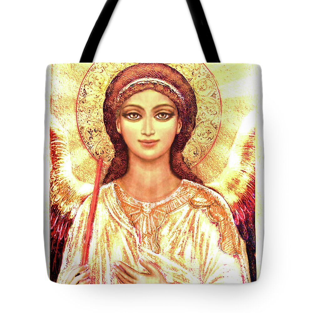 Christian Icons Print Tote Bag featuring the mixed media Icon Angel in a white Halo by Ananda Vdovic