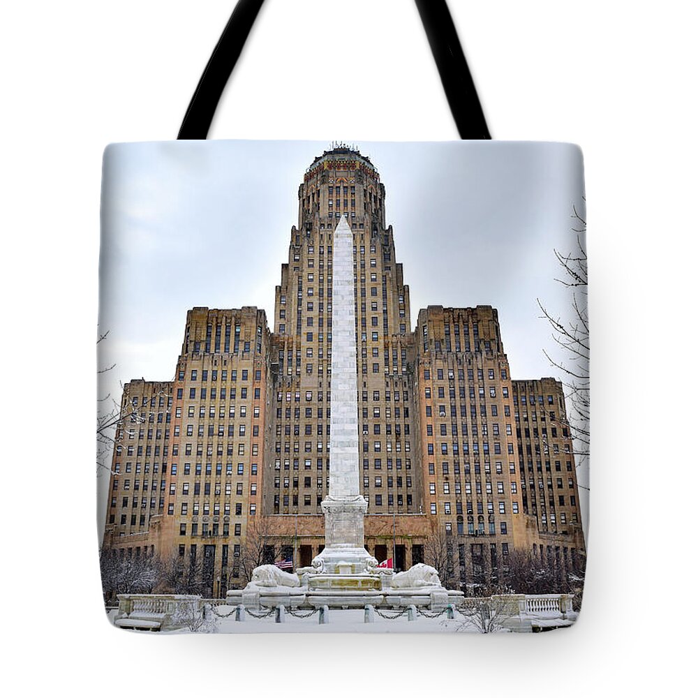 Art Deco Tote Bag featuring the photograph Iconic Buffalo City Hall in Winter by Nicole Lloyd