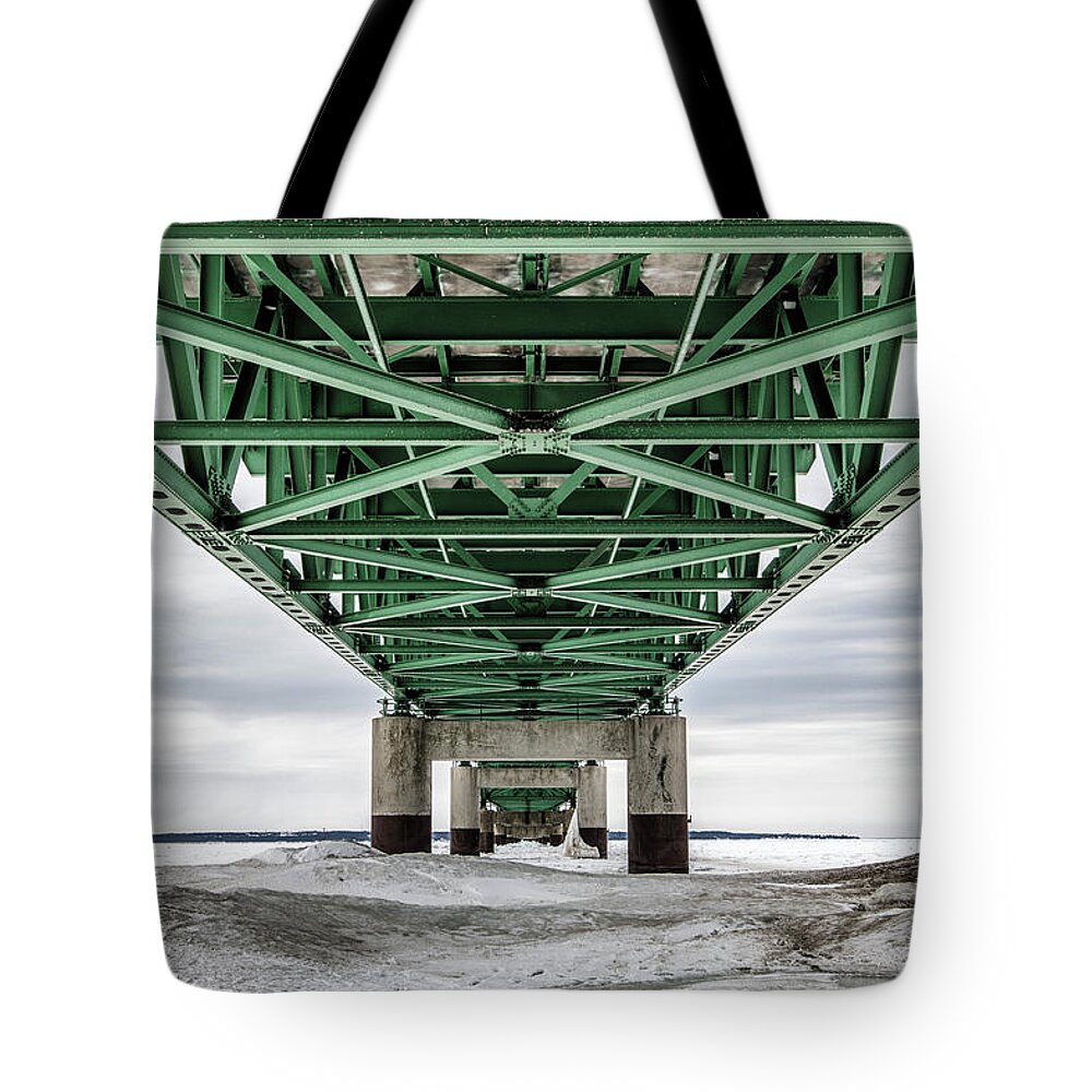 John Mcgraw Tote Bag featuring the photograph Icy Mackinac Bridge in Winter by John McGraw