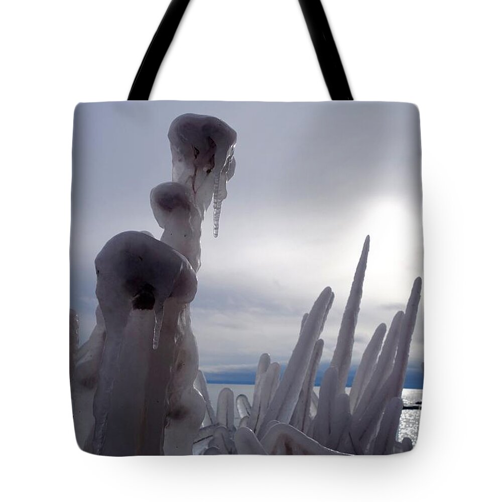 Ice Formations Tote Bag featuring the photograph Icy Sentinels on Superior by Sandra Updyke