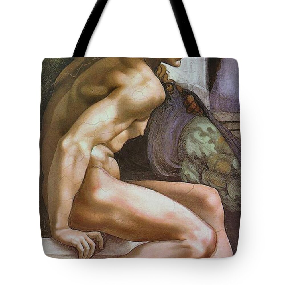 Ignudo Tote Bag featuring the painting Ignudo Number Two of 1509 by Michelangelo Buonarroti