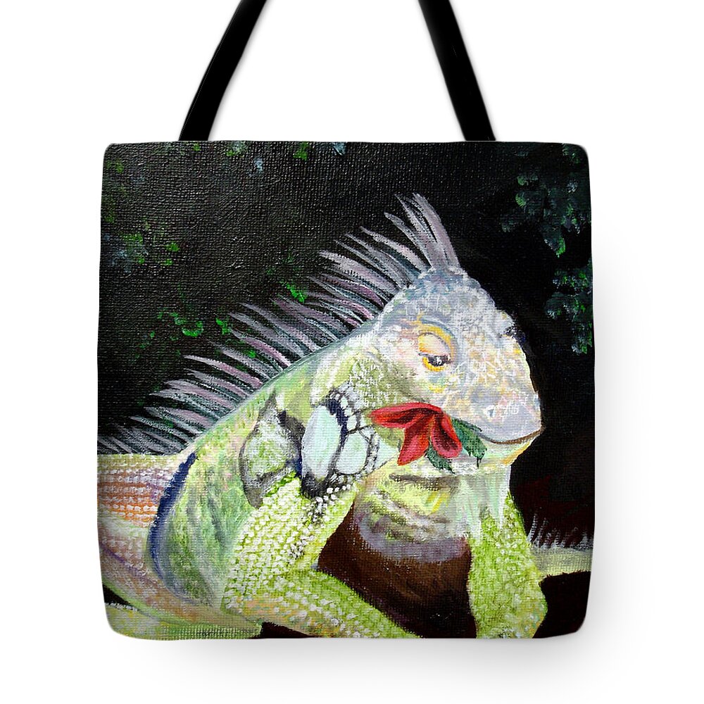 Lizard Tote Bag featuring the painting Iguana Midnight Snack by Susan Kubes