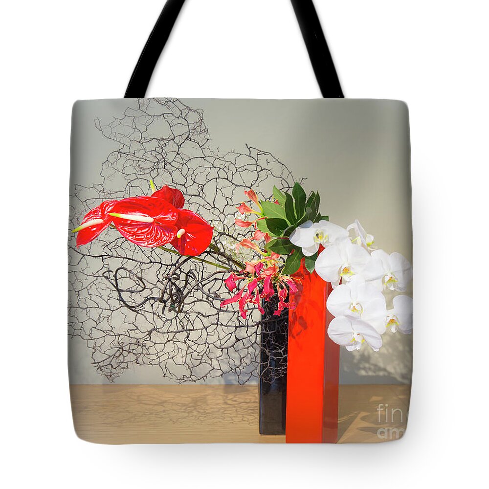 Gloriosa Lily Tote Bag featuring the photograph Ikebana composition by Yoko Sprague by Agnes Caruso