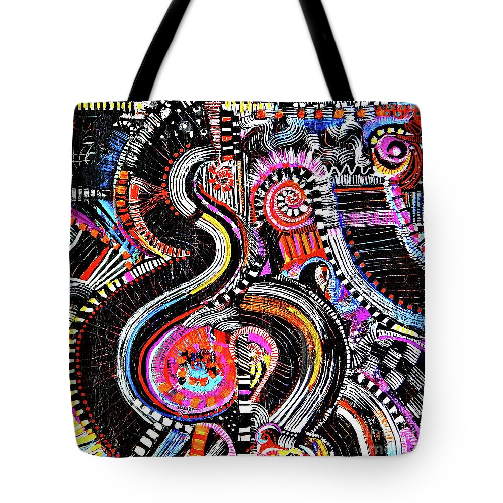 Channeling My Inner Aboriginal Artist .this Amusement Park Ride Of An Abstract Grabs Your Attention As Your Brain Attempts To Make Sense Of What It Sees .give Up Now .its All Just For Fun .black Dominate Hot Colors Accent Throughout. Tote Bag featuring the painting I'll cross that bridge when i come to it by Priscilla Batzell Expressionist Art Studio Gallery