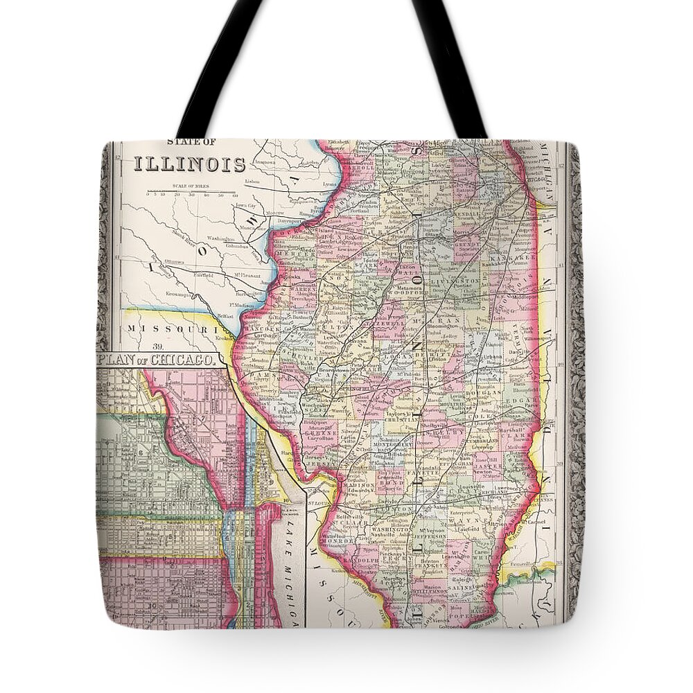 Illinois Tote Bag featuring the digital art Illinois 1800s Historical Map Color by Toby McGuire