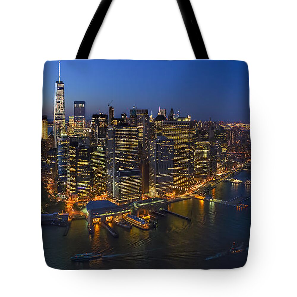Aerial View Tote Bag featuring the photograph Illuminated Lower Manhattan NYC by Susan Candelario