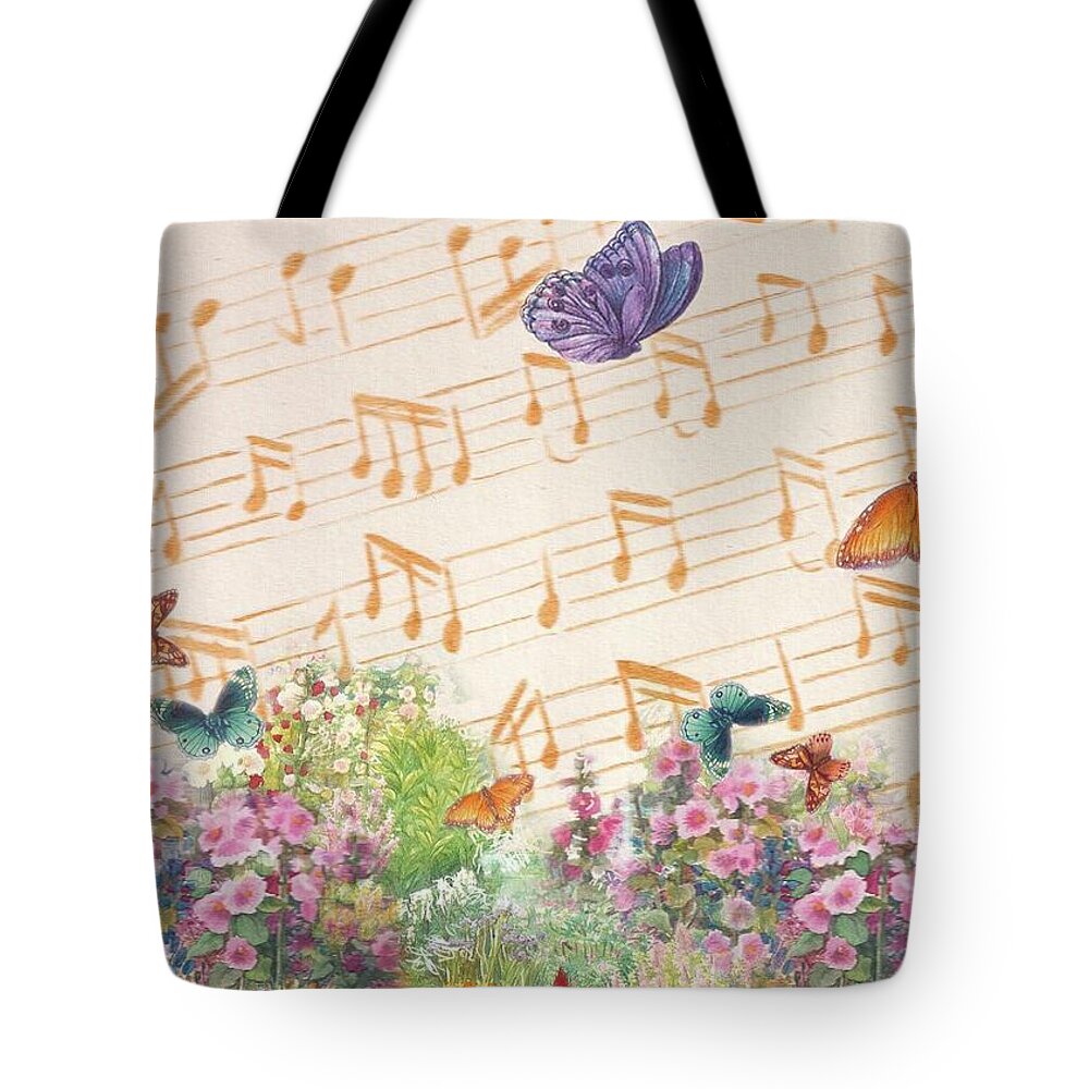 Illustrated Butterfly Tote Bag featuring the painting Illustrated Butterfly Garden with musical notes by Judith Cheng