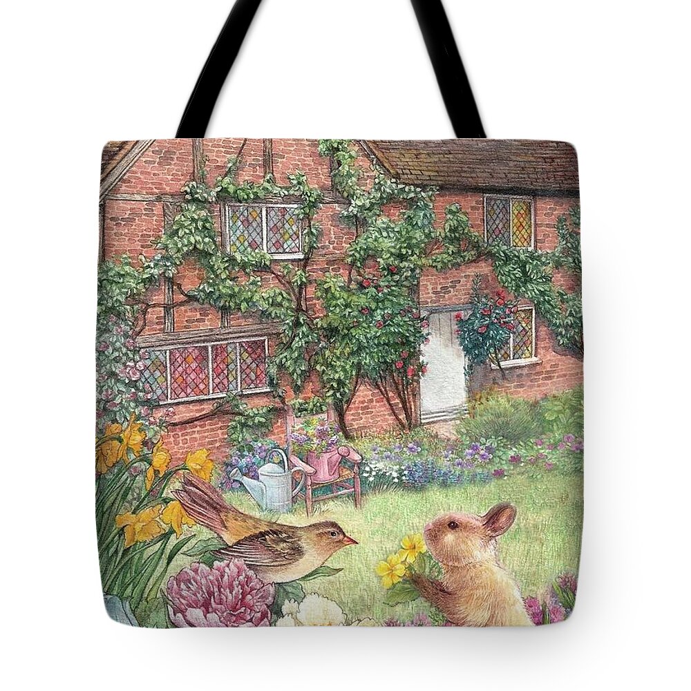 Art Licensing Tote Bag featuring the painting Illustrated English cottage with bunny and bird by Judith Cheng