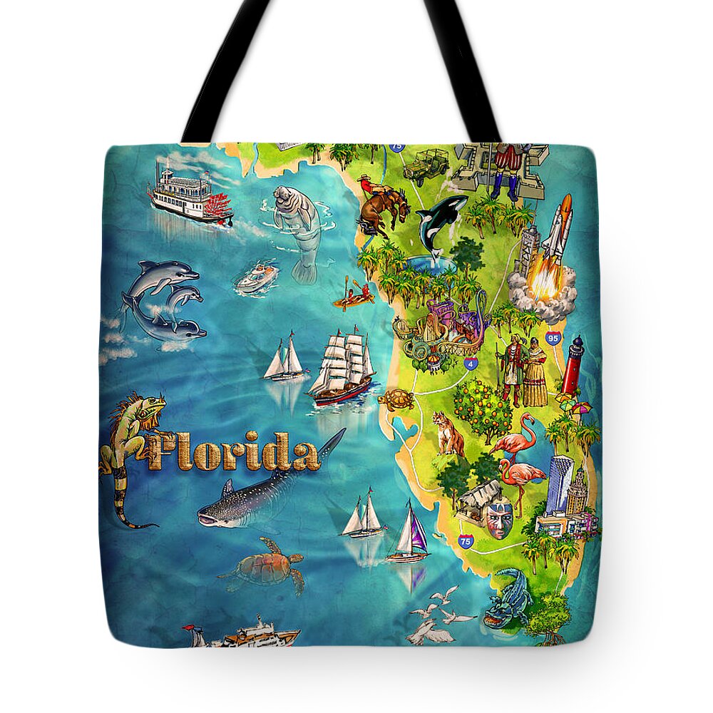 Castillo De San Marcos National Monument Tote Bag featuring the painting Illustrated Map of Florida by Maria Rabinky