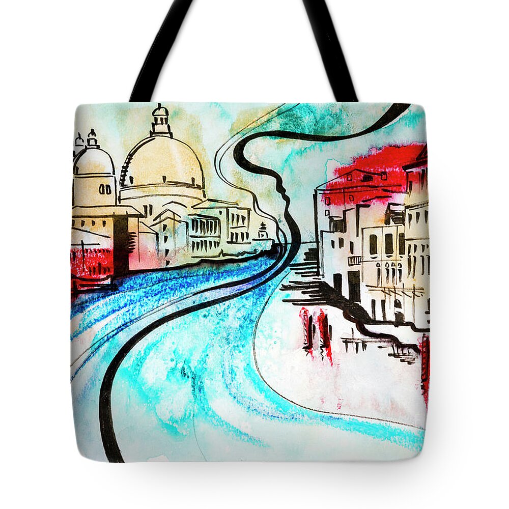 Architecture Tote Bag featuring the mixed media illustration of travel, Venice by Ariadna De Raadt