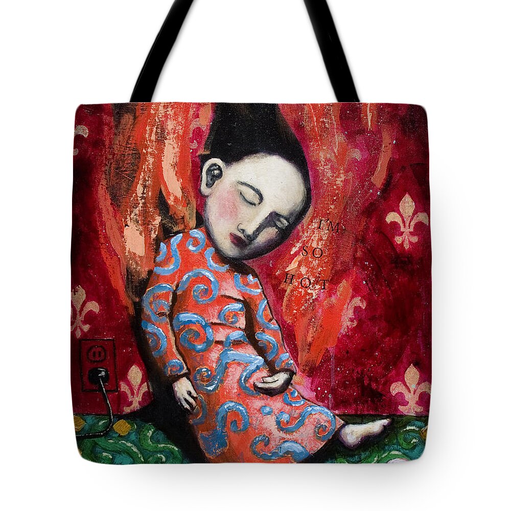 Funny Tote Bag featuring the painting I'm So Hot by Pauline Lim
