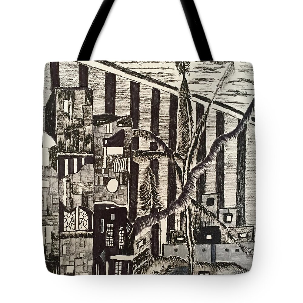 Black & White Tote Bag featuring the drawing Imaginary Resort by Dennis Ellman