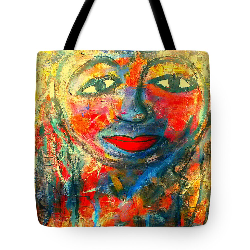 Fania Simin Imperfect Me Woman Red Tote Bag featuring the painting Imperfect me by Fania Simon
