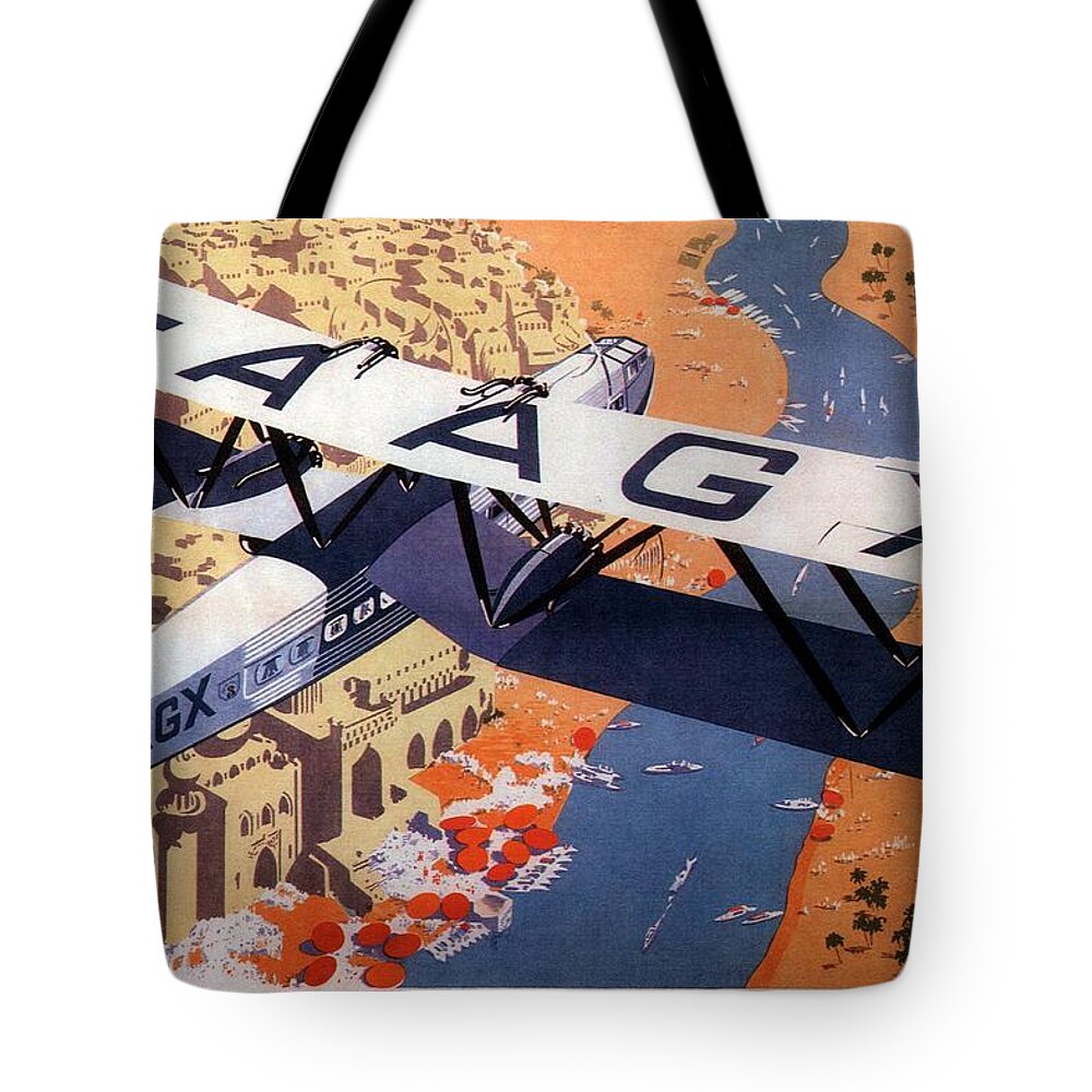 Imperial Airways Tote Bag featuring the painting Imperial Airways Airplane flying over river Ganges in India - Vintage Travel Advertising Poster by Studio Grafiikka