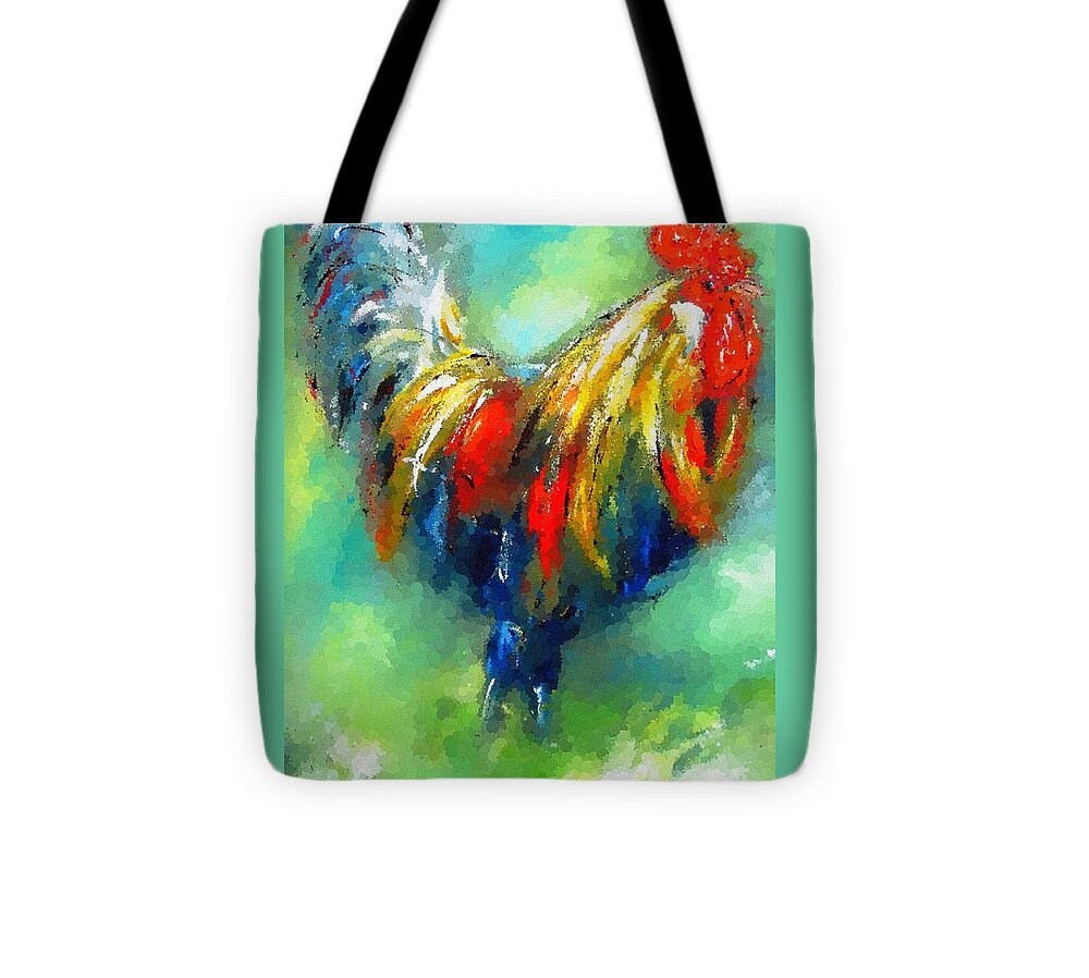 Rooster Tote Bag featuring the painting see www.pixi-art.com painting of colorful cockrel and Impressionist rooster by Mary Cahalan Lee - aka PIXI