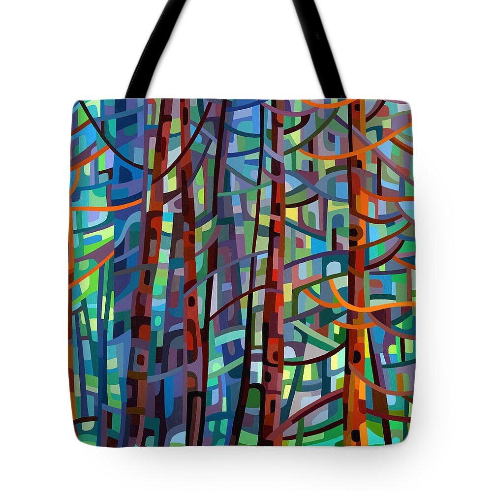 Abstract Tote Bag featuring the painting In a Pine Forest by Mandy Budan