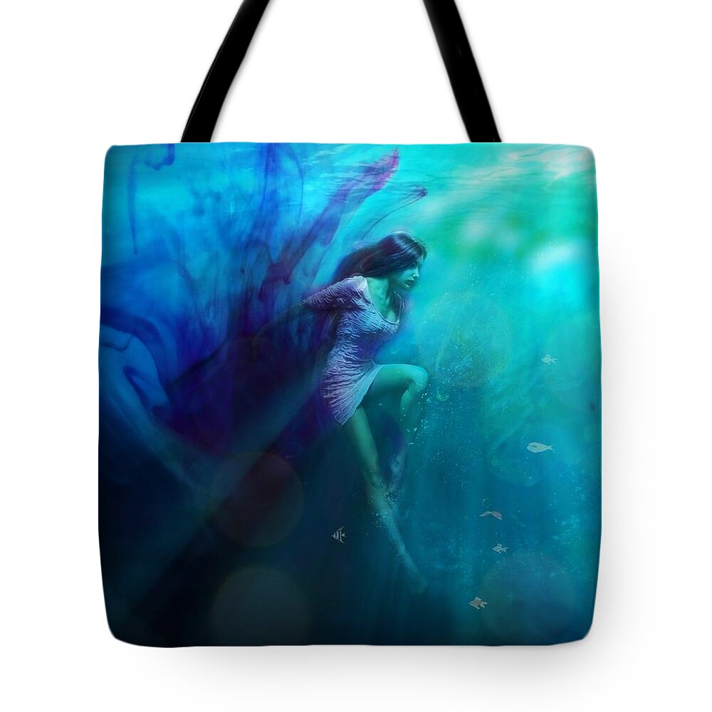 Blue Depths Tote Bag featuring the digital art In Blue Depths by Lilia S