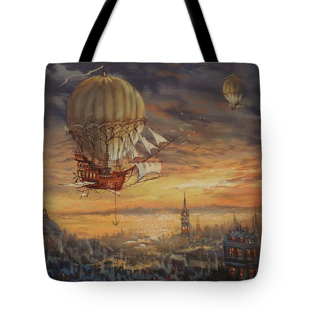 Airship Tote Bag featuring the painting In Her Majesty's Service Steampunk Series by Tom Shropshire