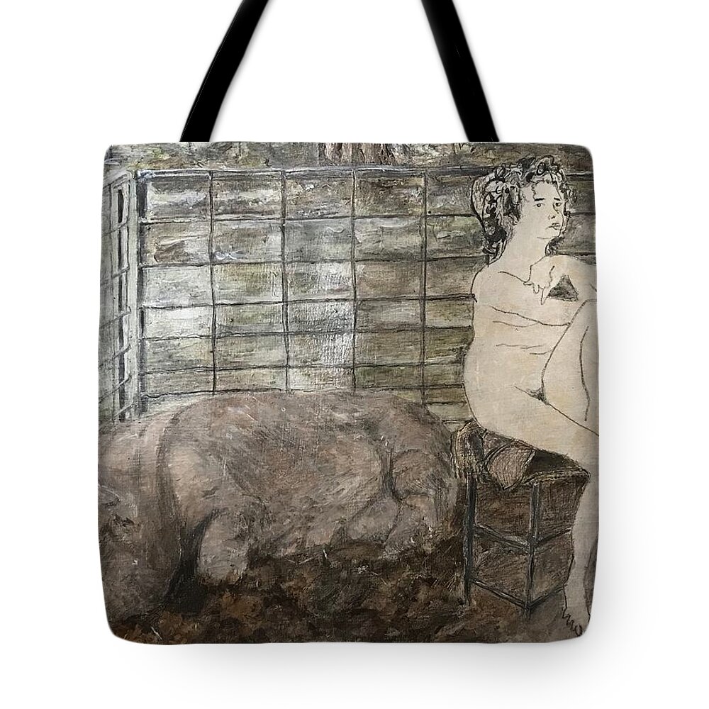 Expressive Tote Bag featuring the painting In Her Pig Sty by Leah Tomaino
