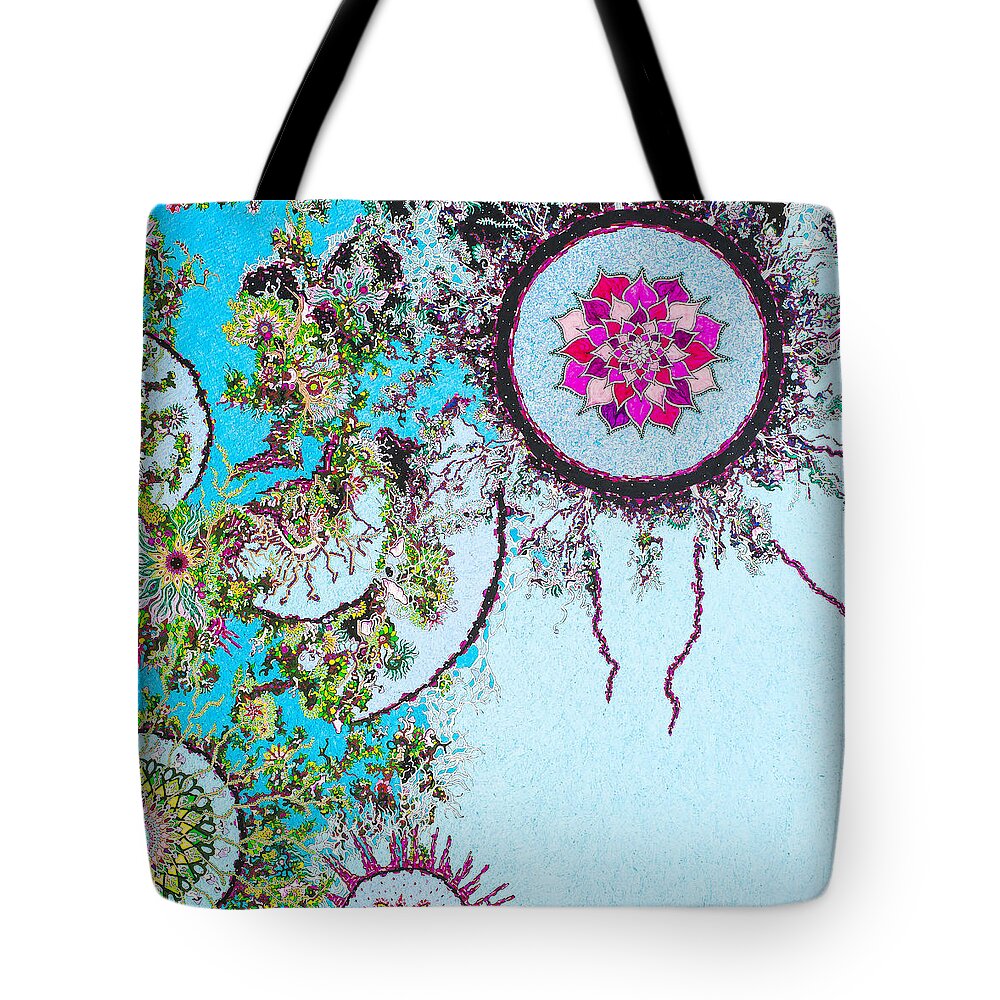 Psychedelic Tote Bag featuring the drawing In Our Garden by Bobby Hermesch